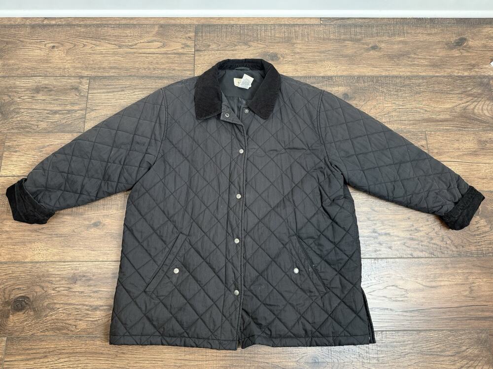 LL Bean Quilted Thermore Barn Jacket Corduroy Collar Black Full Zip Women's 1X